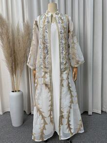 女款優雅兩件套，刺繡開襟長袖長版外套搭配純色吊帶長洋裝，端莊正式派對長袍 - 白色 - 查看 6