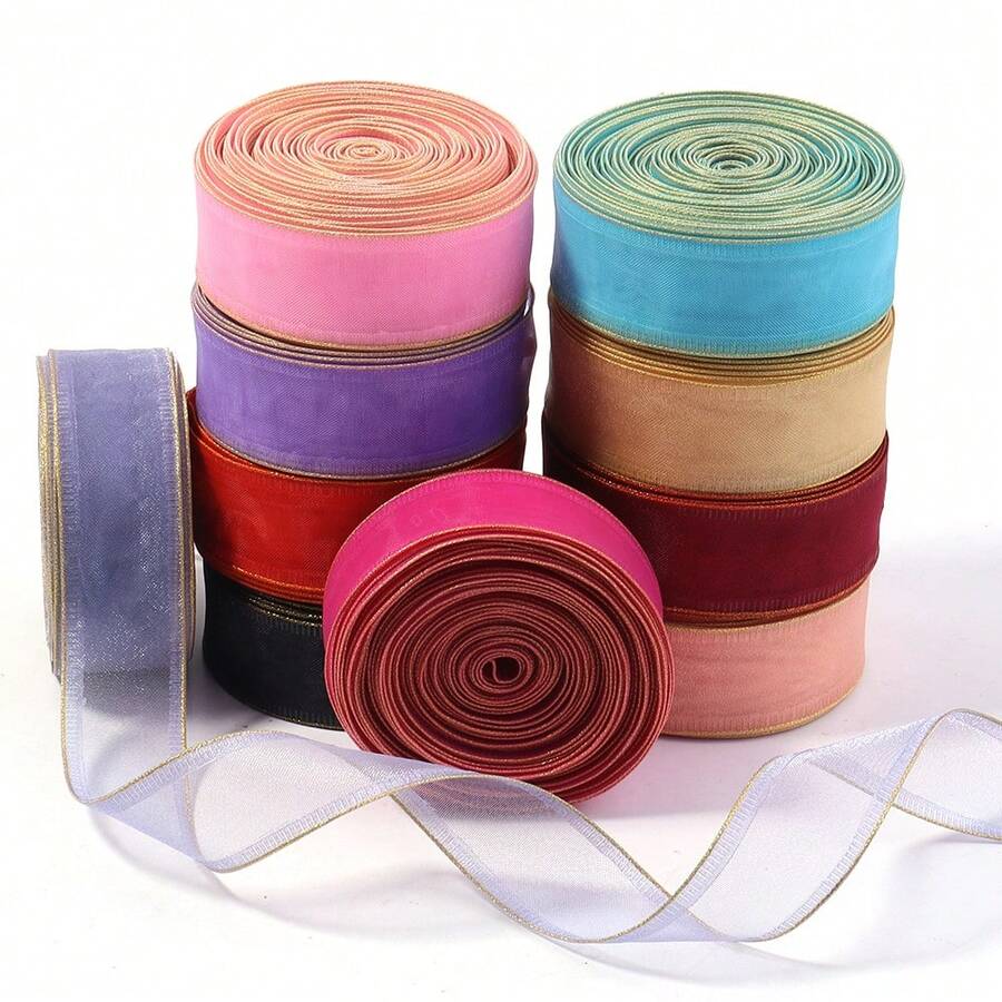 5 Yards/Roll Double Gold Edge Tulle Ribbon, 2.5cm Wide Transparent Thin Gauze Ribbon, Floral Gift Packaging DIY Bow Material, Suitable For Hair Accessory Making, Scrapbook Decoration, Christmas Wedding Birthday Party Decoration