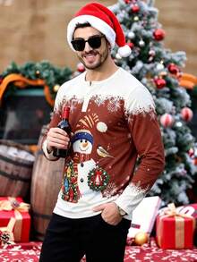Men's Autumn/Winter Christmas Holiday Snowman Bird Christmas Tree Print Button Collar Long Sleeve T-Shirt - Multicolor - View 3