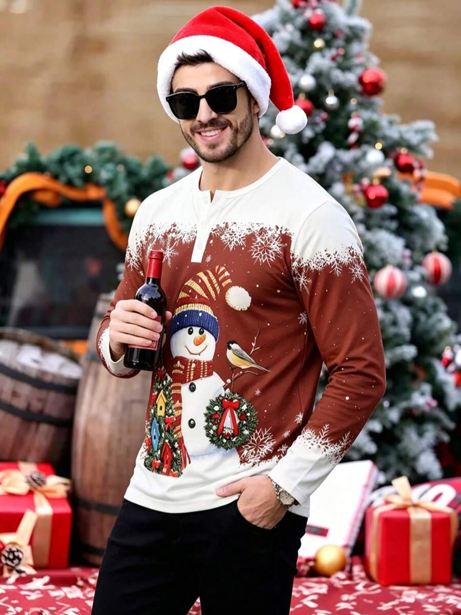 Men's Autumn/Winter Christmas Holiday Snowman Bird Christmas Tree Print Button Collar Long Sleeve T-Shirt - Multicolor - View 1