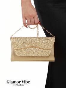 Women's Gold Glitter Clutch Bag, Wavy Metallic Decor Shiny Envelope Evening Bag, Party Wedding Ball Dinner Bag - Gold - View 6