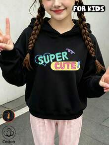 Girls Super Cute Letter & Heart Print Hooded Sweatshirt, Long Sleeve Casual Pullover Sweatshirt - Black - View 3