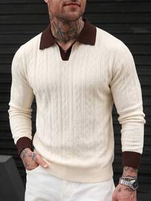 Men's Slim Fit Versatile Comfortable Knit Polo Long Sleeve Top - Apricot - View 3