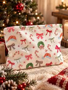 1PC New Christmas Bow Print Pattern Makeup Bag | French Print Travel Organizer Bag | Travel Essentials | Poolside Must-Have | Toiletry Bag | Pool Storage Bag | Mother's Day Gift | Teacher's Day Gift | Suitable For Moms, Teachers, Friends And Nurses | Home Essentials | Graduation Gift | Easy To Clean Design | Portable Makeup Bag - Multicolor - View 4