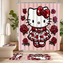 SANRIO Halloween Theme 2D Printed Hello Kitty 4-Piece Bathroom Set, Cute Gothic Style Cartoon Cat Waterproof Shower Curtain Full Set Bathroom Mat Set, Non-Slip Bathroom Rug, Toilet Lid Cover, Holiday Home Decor - Shower Curtain and Bath Mat - View 3