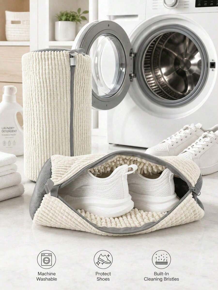 2/1pc Washing Machine Shoe Bag,Suitable For All Shoe Types - White With Zipper,Soft Fleece Lining,Effectively Protects Clothes,Perfect For Sneakers And Casual Shoes,Laundry Bag,Holiday Essential,Travel Essential,Household Items,Shoe Storage,Christmas