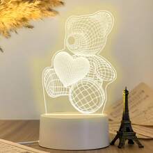 愛心泰迪熊壓克力夜燈，線框熊線條藝術檯燈，USB供電暖光餐桌裝飾，可愛卡通裝飾夜燈，甜美禮物臥室桌面居家藝術裝飾 - 暖白光 - 查看 1