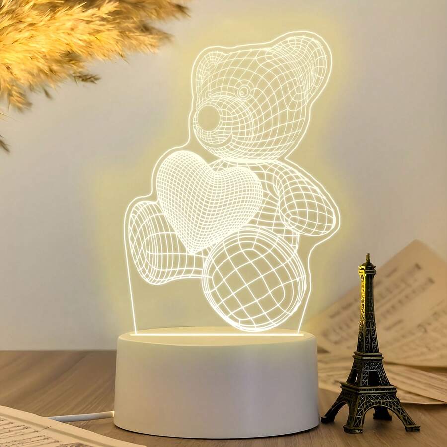 愛心泰迪熊壓克力夜燈,線框熊線條藝術檯燈,USB供電暖光餐桌裝飾,可愛卡通裝飾夜燈,甜美禮物臥室桌面居家藝術裝飾 - 暖白光 - 查看 1