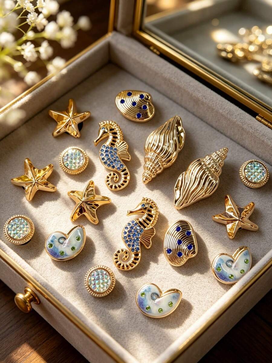 16pcs Gold-Plated Ocean Style Shoe Charms, Dolphin Starfish Shell Conch Heart Detachable DIY Accessories, Suitable For Sandals Slippers Beach Bags, Holiday Gifts