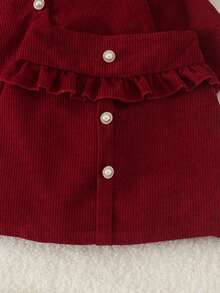 2pcs Girls Vintage Sweet Style Corduroy Short Jacket With Lapel And Frill Trim, Paired With High Waist Ruffle Button A-Line Skirt Set, Spring/Autumn - Burgundy - View 9