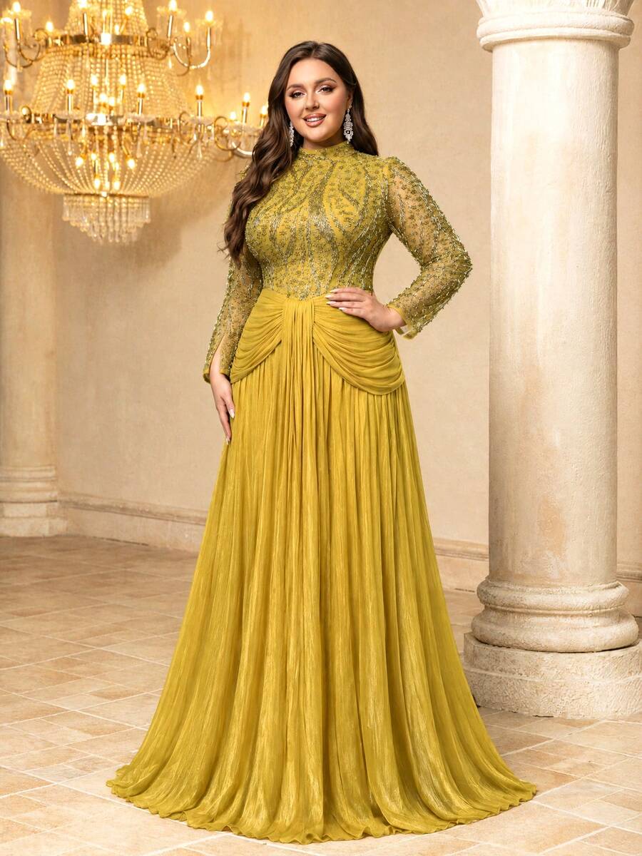 [Random Cut]Stand Collar Long Sleeve Cinched Waist Sequin Patchwork Faux Silk Evening Dress - Yellow - View 1