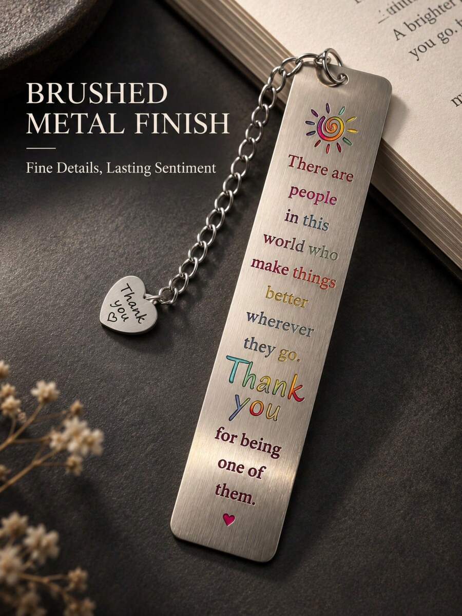 Engraved Metal Bookmark With Heart Pendant, Inspirational Thank You Quote Book Mark, Appreciation Gift For Friends & Coworkers