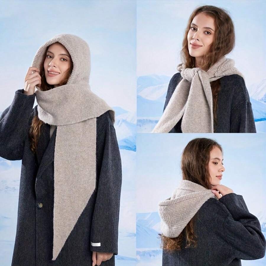2pcs/Set Winter Hat And Scarf Integrated Hooded Neck Warmer - Windproof Ear Protection, Lightweight Warm Face Mask, Suitable For Outdoor Leisure, Cold Weather, Parties, Daily Use - Solid Color, Easy To Match - Multicolor - View 1