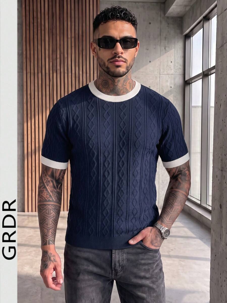 GRDR 男士圓領薄針織 T-shirt 上衣-極簡時尚日常穿著 - 藏蓝色 - 查看 1