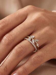 1 pieza Anillo de hoja de plata con circonita marquise y engaste pavé completo, joyería de moda inspirada en la naturaleza, adecuado para el uso diario de la mujer o compromiso - Plateado - Ver 3