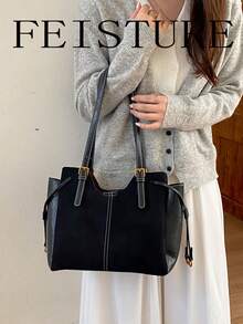 FEISTURE 1件裝麂皮與PU布料拼接多層托特包，時尚女款單肩包，適合女孩、女性、大學生、職場新人與白領上班族，適用於工作、商務、通勤、上學 - 黑色 - 查看 6