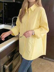 Plus Size Women Asymmetrical/Asymmetrical Blouse Casual Office Wear Spring Summer Autumn Long Sleeve Shirt - Light Yellow - View 4