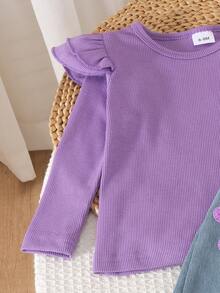 2pcs Baby Girl Cute Casual Ribbed Top & Towel Embroidery Corduroy Overalls Set, Thin Spring/Autumn - Purple - View 8