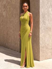 UNITHORSE Women's Elegant One Shoulder Hollow Chest Design Chiffon Pleated Evening Dress - lemon Green - View 3