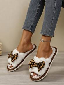 Girl Style Leopard Print Bow Plush Open Toe Fuzzy Slippers For Indoor Home Use - Brown - View 4