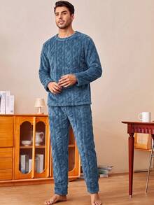 Pijamas para hombre conjunto de dos piezas, tela de felpa suave con relieve trenzado, cuello redondo manga larga, ropa de dormir cálida otoño invierno, ideal para regalo de Navidad - Azul - Ver 2
