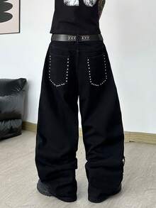 Hearty Haven 1pc Men's Distressed Denim Jeans Loose Beaded Patchwork Wide Leg Pants Casual All Season Comfortable Long Pants - No Belt And Accessories - Black - View 3