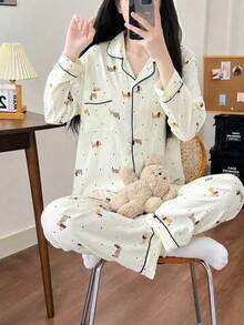 Women Pajama Sets - Polka Dot Dachshund - Long Sleeve & Pants Set - View 2