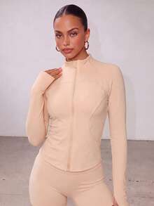 VUTRU 1pc Women's Fitted Zipper Sports Jacket With Pockets, Thumb Holes, Ribbed Cuffs, Running Fitness Yoga Top - Baby Pink - View 4