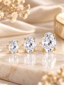 AnlaScheer 1 Pair Gold Tone 0.5CT-2CT 5A Cubic Zirconia Oval Cut Stud Earrings, S925 Sterling Silver Hypoallergenic Women's Jewelry, Daily Party Birthday Gift - Gold - View 6