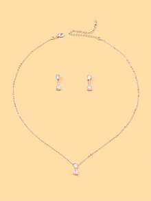 1pc Gold Elegant Round Diamond Water Drop Necklace & Earrings Set, Suitable For Banquet, Wedding, Women - Flower - View 7