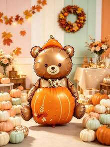 1pc 71cm Bear Hugging Pumpkin Shaped Aluminum Foil Balloon, Suitable For Thanksgiving, Autumn Farm Theme Party Decoration Balloon - View 1
