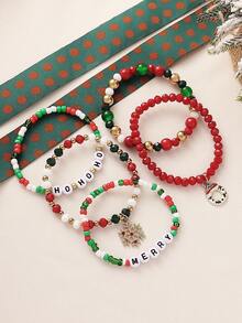 5pcs Christmas Red & Green Contrast Christmas Tree Snowflake Pendant Seed Bead Layered Bracelet Set, Women's Holiday Party Gathering Wear, Family Gift - Multicolor - View 5
