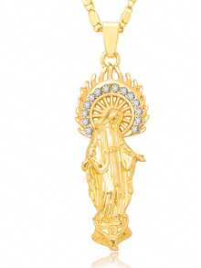 1pc Men's Hip-Hop Style Flame Halo Virgin Mary Necklace, Shiny Party Accessory For Men, Daily Catholic Faith Jewelry, Hip-Hop Outfit Accessory - Yellow Gold - View 4