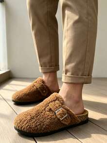 Sandal Rumah Pria Musim Dingin Bertutup Ujung Kaki Sol Lembut Sandal Karpet Anti Selip Lembut Mewah Sandal Lantai Hangat Dalam Ruangan (Sedikit Perbedaan Warna) - Coklat - View 4