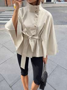 Elegant Fashion Stand Collar Tie Waist Cape Sleeve Elegant Commute Short Cape Jacket - Multicolor - View 3