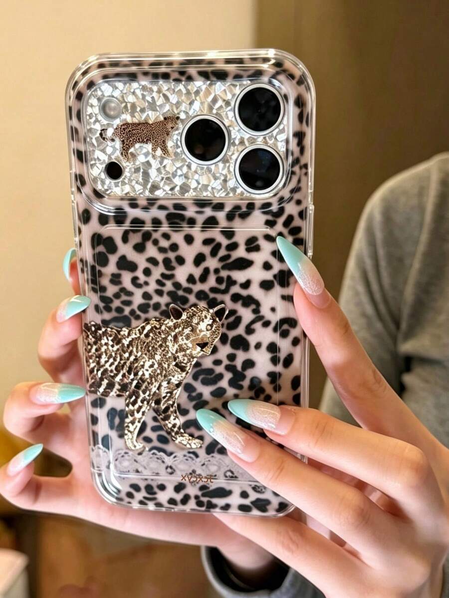 Luxury Retro Laser Leopard Print Lace Blingbling Irregular Rhinestone Sequin Pattern Lens Protection Phone Case Compatible With IPhone 18 Pro Max 18 Pro 17 Pro Max 16 Pro Max 15 Pro Max 13 14 Pro Max Autumn Cool Soft Bulge Air Cushion Protective Cover - Leopard - View 1