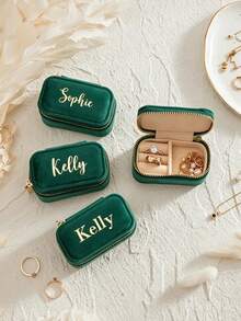 1pc Custom Name Velvet Mini Jewelry Case, Elegant Style Soft Velvet Rectangular Zipper Jewellery Storage Box, Personalized Engraved Name Detail, Portable Travel Jewellery Organizer, Ideal Wedding Gift, Christmas Gift For Women - Multicolor - View 7