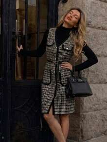 Women's Fashionable Sleeveless Plaid Jacket With Spring Checkered Design, Features Belt And Front Buttons Fall - Camel - View 12