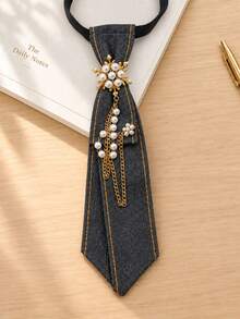 1pc Women's Pearl Chain Fashion Denim Necktie Accessory, Suitable For Office, Business, Casual And Daily Wear - Multicolor - View 6