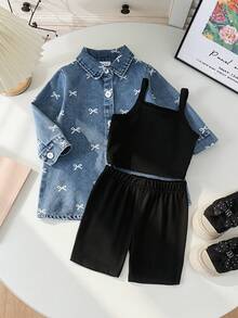 3pcs Baby Girl Vintage Casual Printed Long Sleeve Denim Jacket, Black Camisole Top And Shorts Set, Lightweight For Spring And Autumn - Light Wash - View 4
