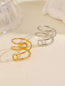 2pcs/Set Stainless Steel 18K Gold Plated Fashion Paperclip Ring, Suitable For Women's Daily And Party Wear - Multicolor - View 7