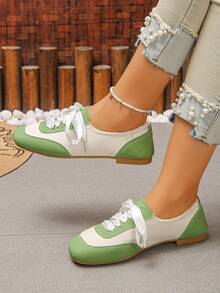 Sepatu Kasual Datar Wanita Xfxf dengan Blok Warna dan Lipatan Elastis di Tumit, Cocok untuk Pemakaian Sehari-hari/Perjalanan/Belanja/Bepergian. - Hijau - View 6