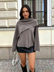 DEEKA Autumn/Winter New Slouchy Scarf Cape Round Neck Long Sleeve Short Knit Coat Jacket - Brown - View 1