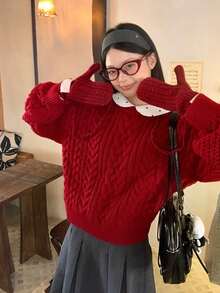Women's Red Cable Knit Pullover Long Sleeve Sweater Top, Autumn/Winter - Red - View 3