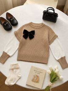 Tween Girl Tween Girl Knitted Sweater, Bow Decor, Ribbed Short Sleeve Pullover, Casual Campus Style Top For Autumn/Winter, 8-12 Years - Multicolor - View 2