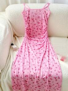 SOFUSEN Women's Printed Mesh Side Slit Long Nightgown, Sexy Lingerie - Pink - View 2