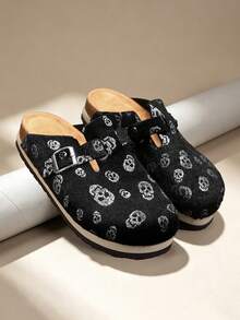 Men's Black Skull Print Buckle Slippers, Soft Comfortable Non-Chafing Indoor/Outdoor Wear Slippers, New Personalized Cork Mule Shoes - Black - View 2