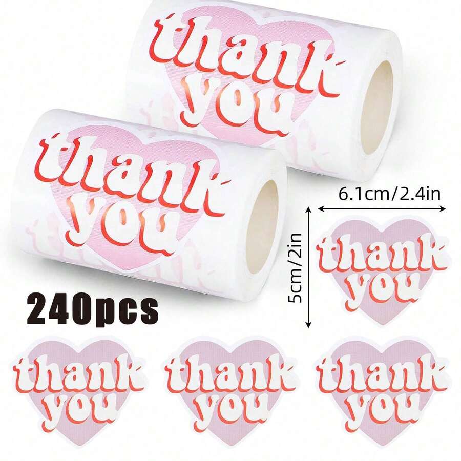 120PCS/240PCS (SET) Heart-Shaped Thank You Stickers Roll, Pink Heart ...