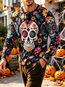 Men's Autumn/Winter Halloween Day Of The Dead Candy Skull Floral Button Long Sleeve T-Shirt - Multicolor - View 1