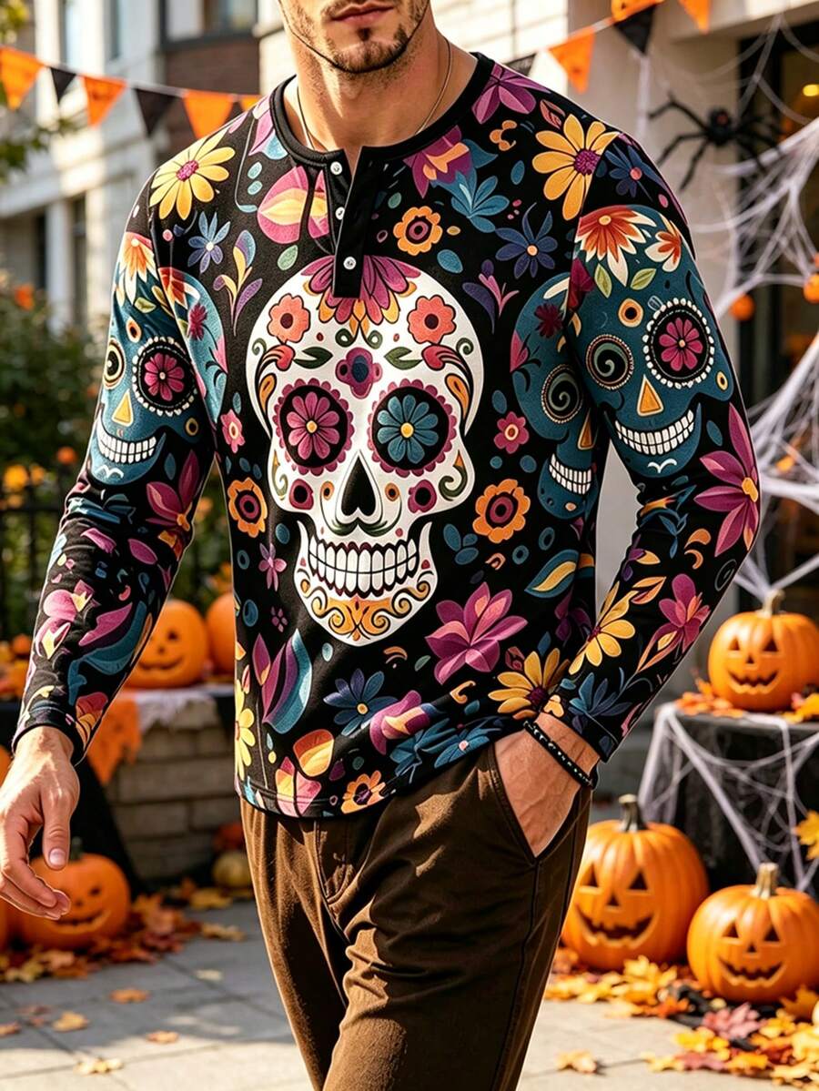 Men's Autumn/Winter Halloween Day Of The Dead Candy Skull Floral Button Long Sleeve T-Shirt - Multicolor - View 1